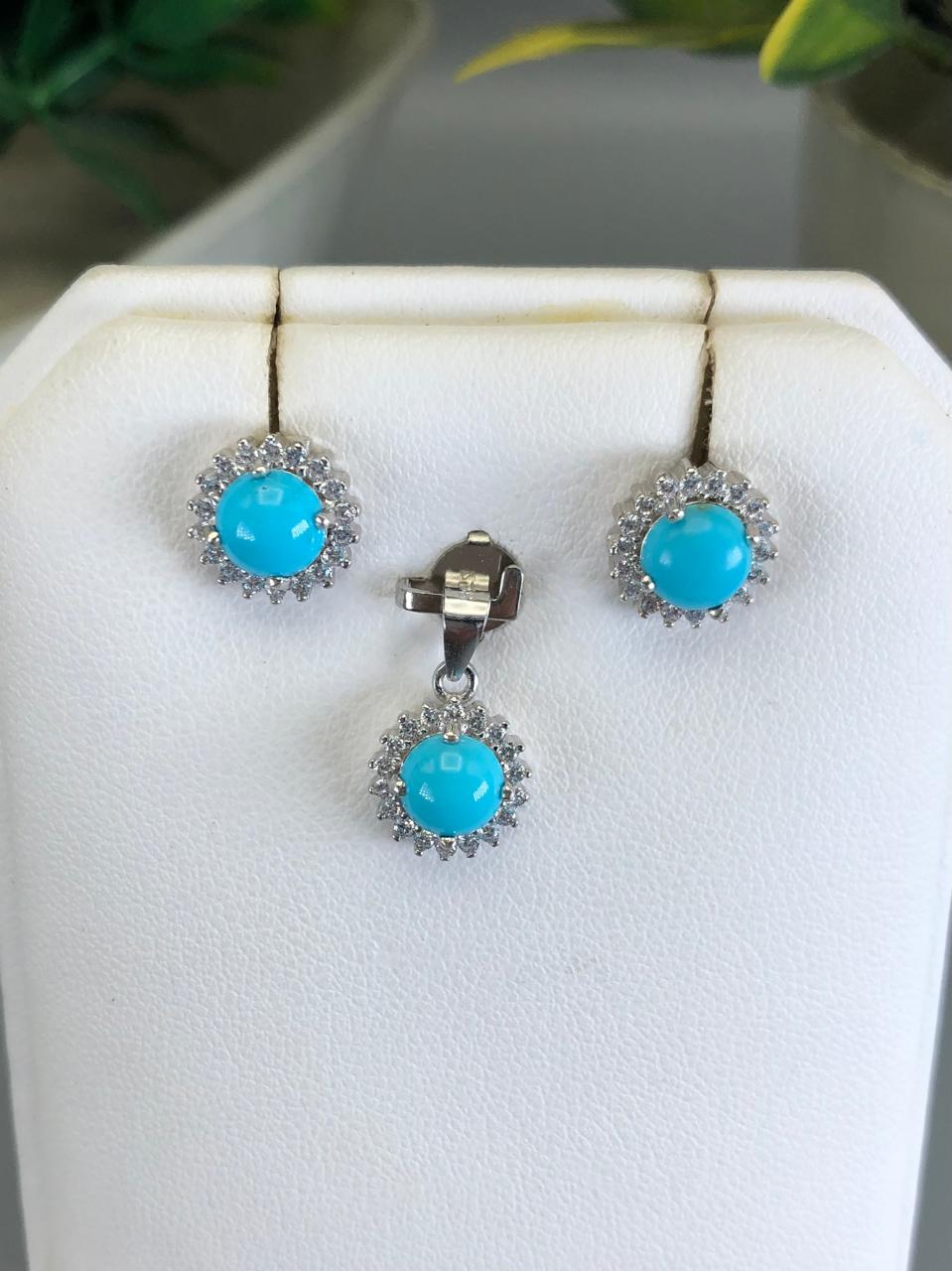 17.18 Carats Natural Turquoise Pendant and Earrings 925 Sterling Silver